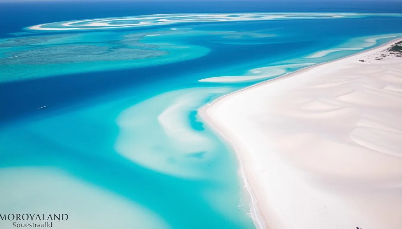 Aerial view of Moreton Island Queensland showing pristine beaches, blue waters and sand dunes