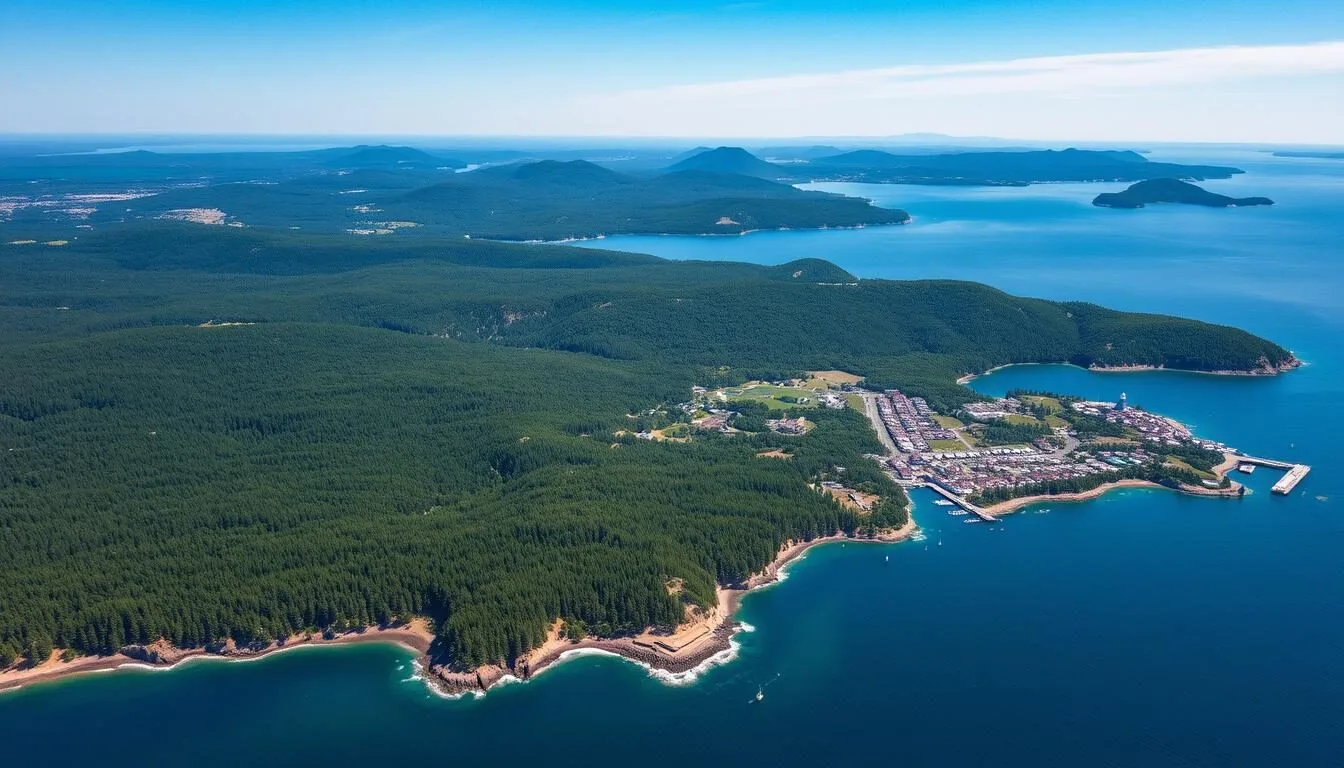 Aerial view of Mount Desert Island, Maine showing Acadia National Park, Bar Harbor, and the rugged coastline on a sunny day