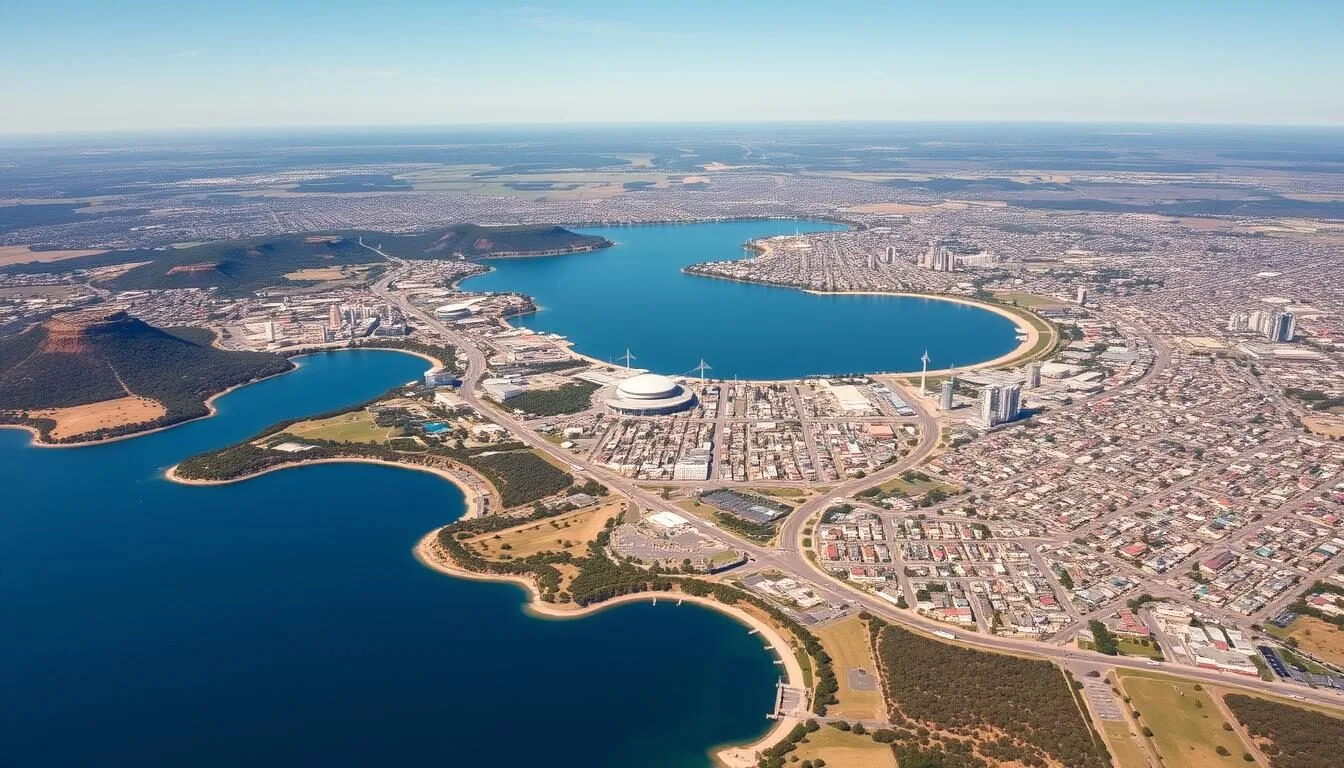 Aerial view of Mount Gambier showing the Blue Lake and city layout