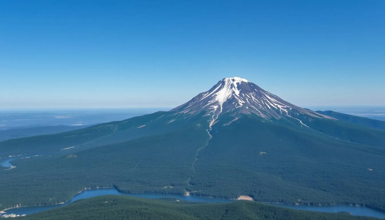 Aerial view of Mount Katahdin rising above Baxter State Park with lush forests and lakes surrounding it