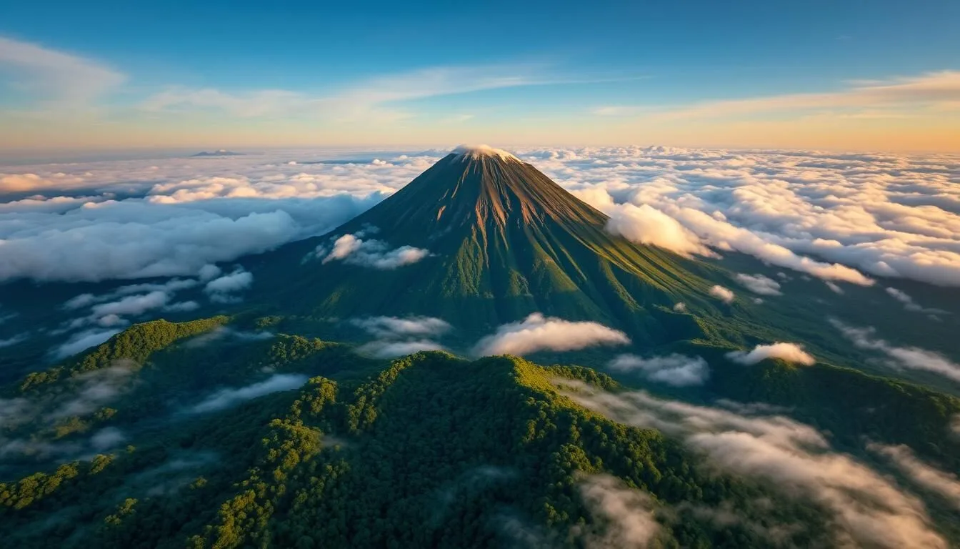 Aerial view of Mount Kerinci rising above the clouds in Sumatra, Indonesia