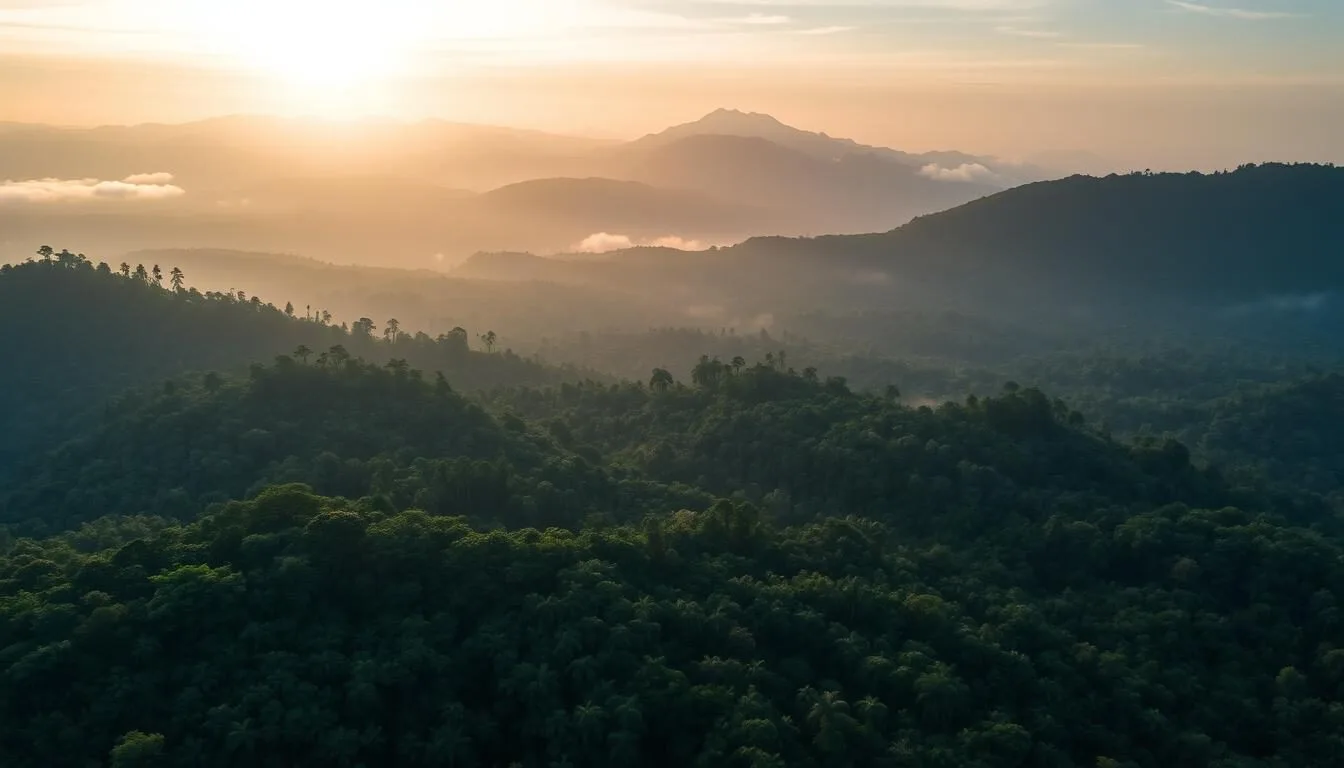 Aerial-view-of-Mount-Leuser-National-Parks-lush-rainforest-canopy-with-mountains-in-the Aerial view of Mount Leuser National Park's lush rainforest canopy with mountains in the background