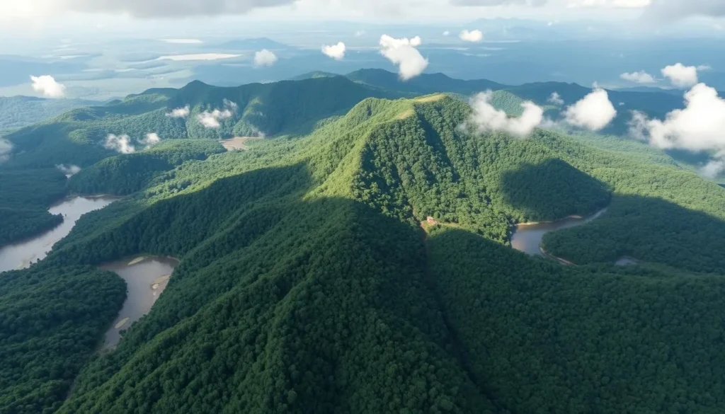 Aerial view of Mount Palung National Park showing the transition between different forest ecosystems