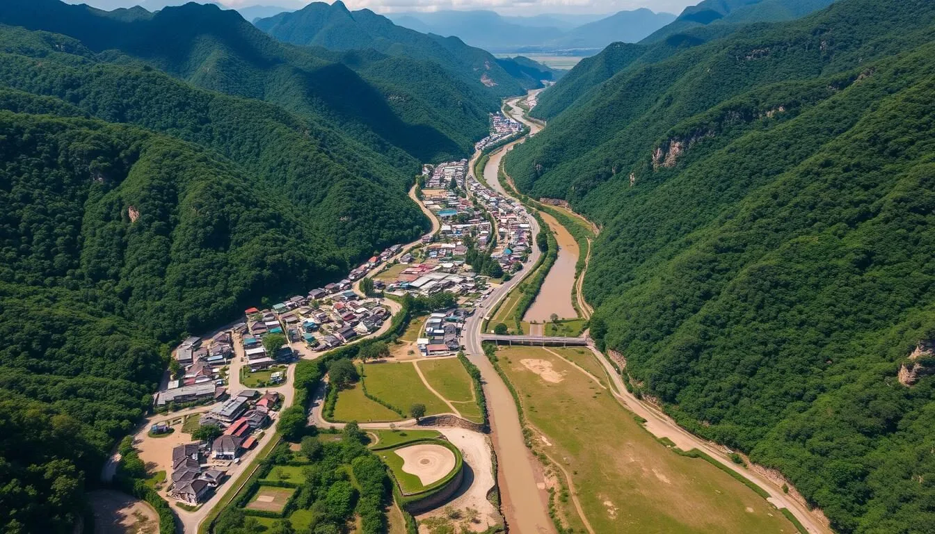 Aerial-view-of-Muang-Xay-town-surrounded-by-lush-mountains-in-Oudomxay-Laos Aerial view of Muang Xay town surrounded by lush mountains in Oudomxay, Laos