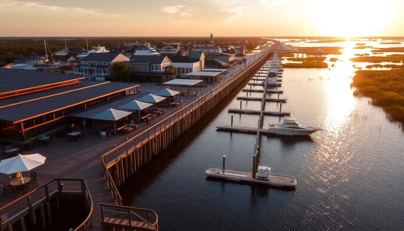 Aerial-view-of-Murrells-Inlet-MarshWalk-at-sunset-with-restaurants-and-boats-along-the Aerial view of Murrells Inlet MarshWalk at sunset with restaurants and boats along the waterfront