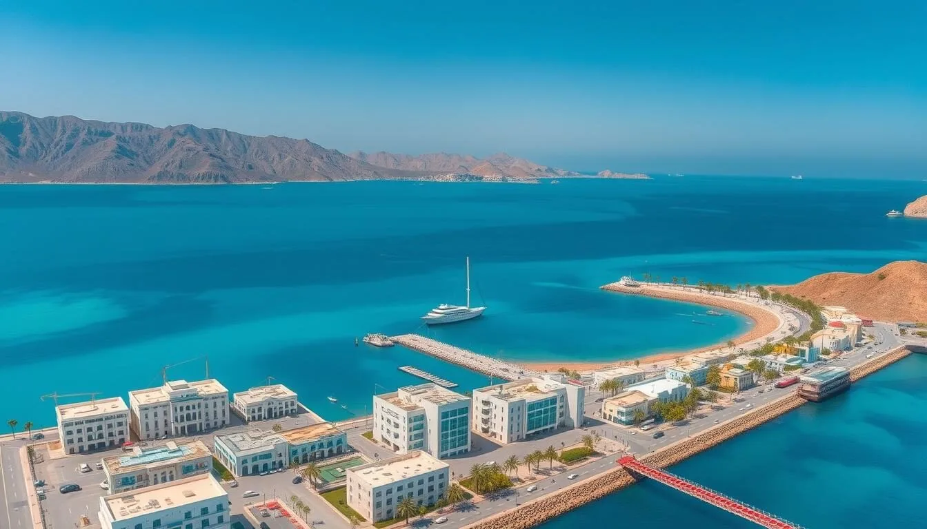 Aerial view of Muttrah's harbor and corniche with traditional buildings and mountains in the background