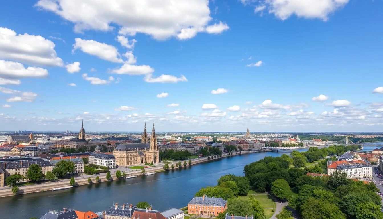 Aerial view of Nantes city center with the Loire River on a clear summer day