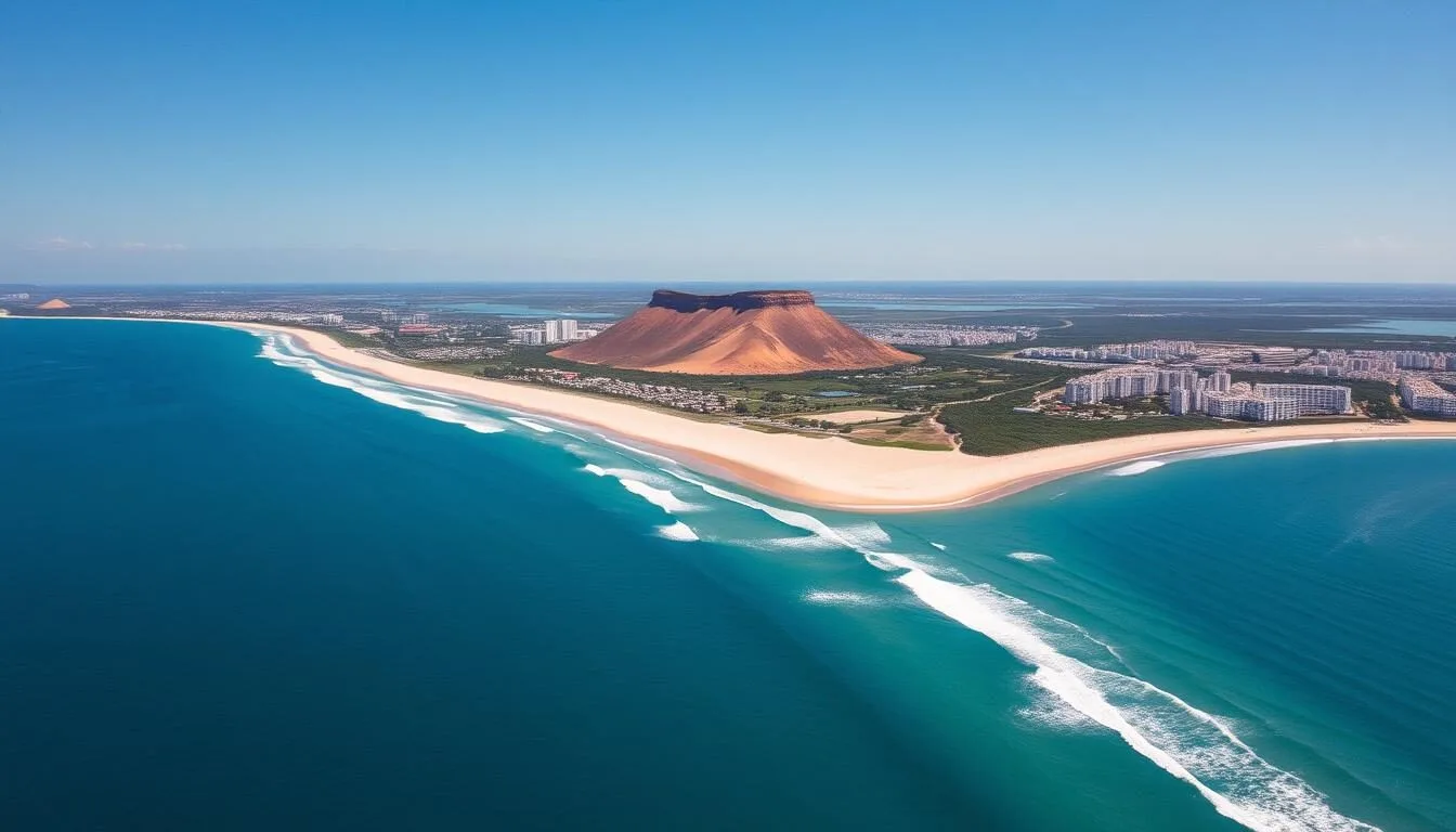 Aerial-view-of-Natal-Brazil-showing-Ponta-Negra-beach-with-Morro-do-Careca-dune-in-the Aerial view of Natal Brazil showing Ponta Negra beach with Morro do Careca dune in the background