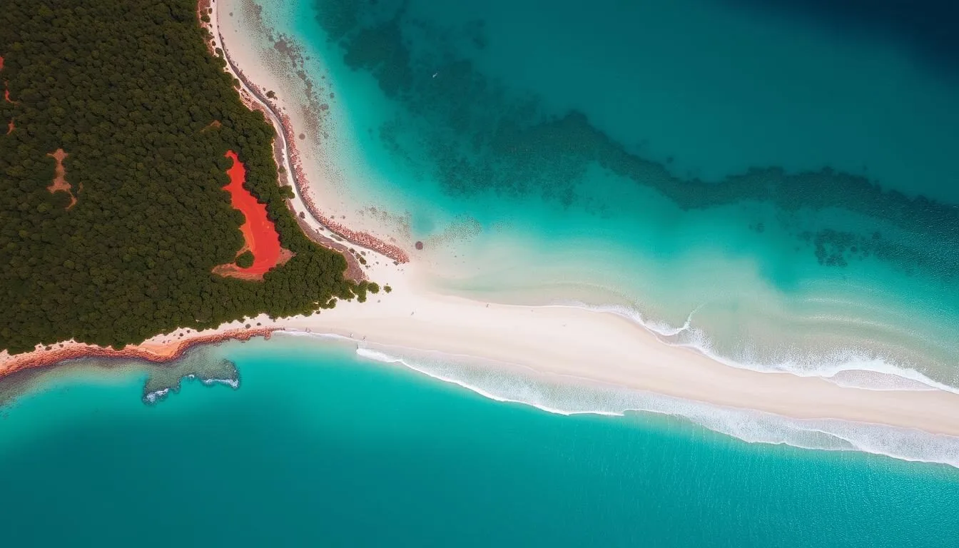 Aerial view of Nhulunbuy coastline showing pristine white beaches and turquoise waters of East Arnhem Land, Northern Territory