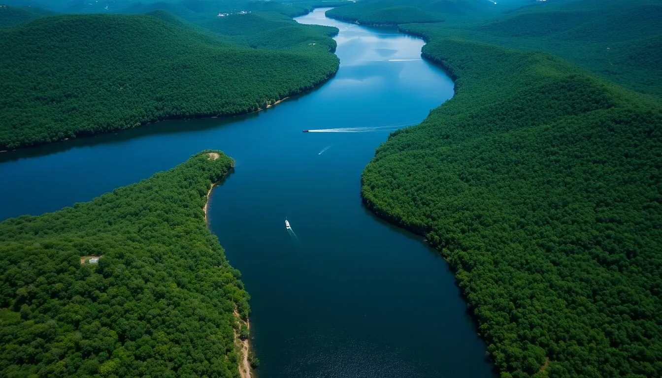Aerial view of Nickajack Lake with Tennessee River winding through forested hills on a sunny day