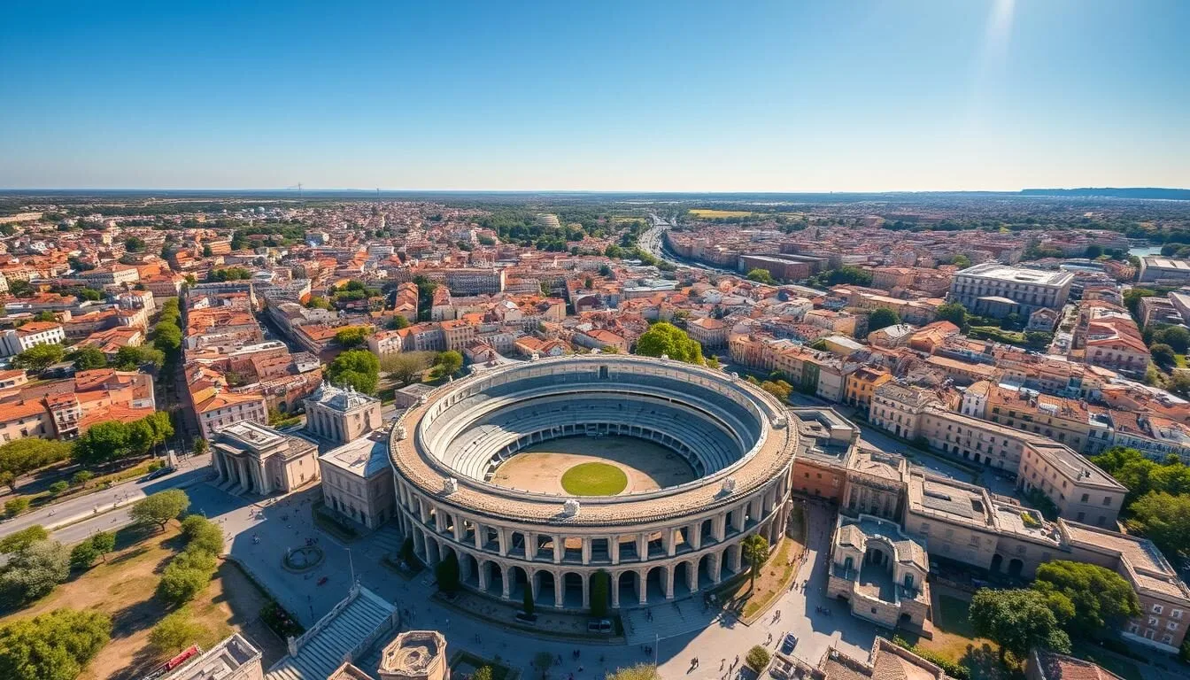 Aerial view of Nimes, France showing the Roman Arena and city center on a sunny day