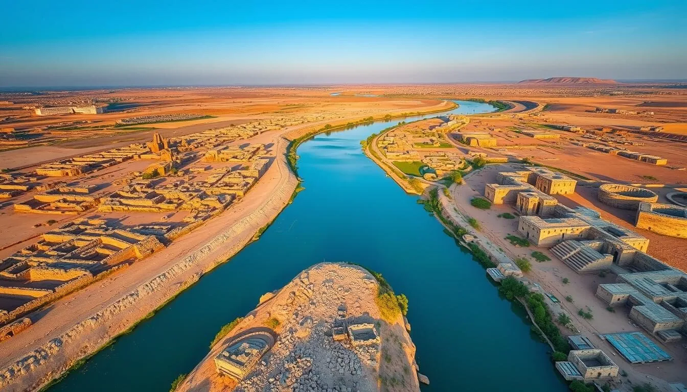Aerial view of Nineah ruins with the Tigris River in the background on a clear day