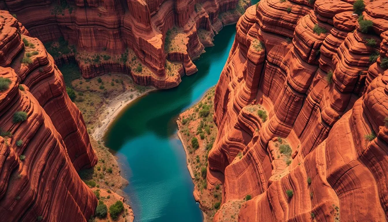 Aerial view of Nitmiluk (Katherine) Gorge with its ancient red sandstone cliffs and winding river