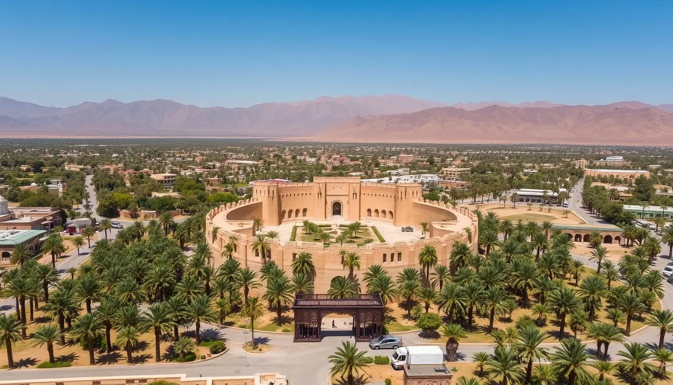 Aerial view of Nizwa city with mountains in the background, showing the historic fort and surrounding palm groves