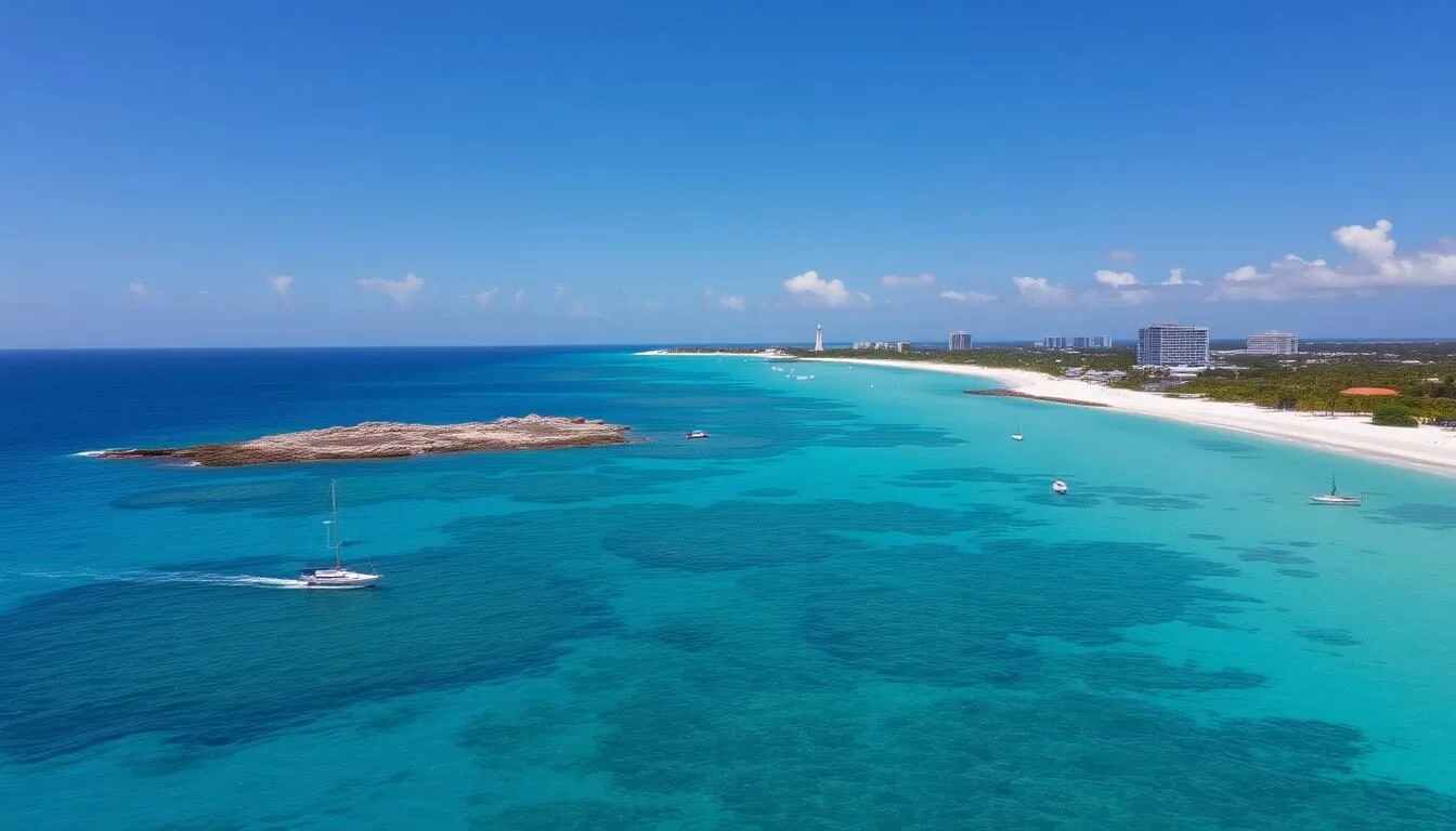 Aerial view of Noord, Aruba showing pristine beaches and the California Lighthouse