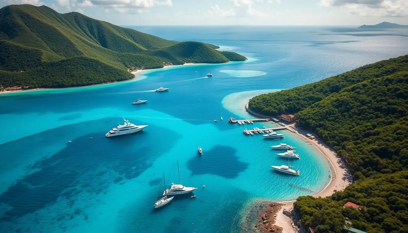 Aerial view of Norman Island showing The Bight anchorage with turquoise waters and surrounding hills