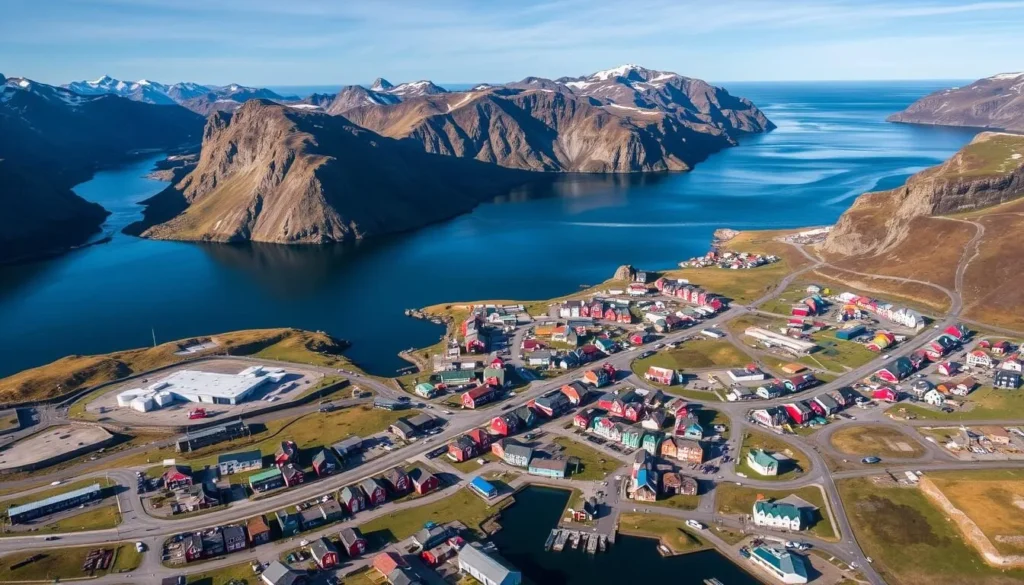 Aerial view of Nuuk, Greenland's colorful capital city surrounded by fjords