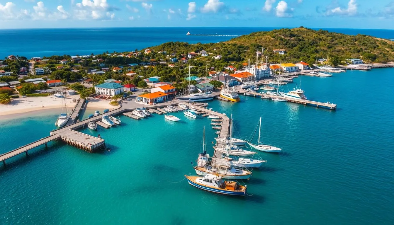 Aerial-view-of-Oistins-Bay-in-Barbados-showing-the-fishing-boats-pier-and-colorful-buildings- Aerial view of Oistins Bay in Barbados showing the fishing boats, pier, and colorful buildings along the coast
