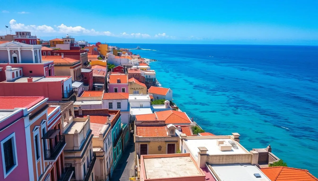 Aerial view of Old San Juan with colorful buildings and the ocean in the background - best time to visit Puerto Rico