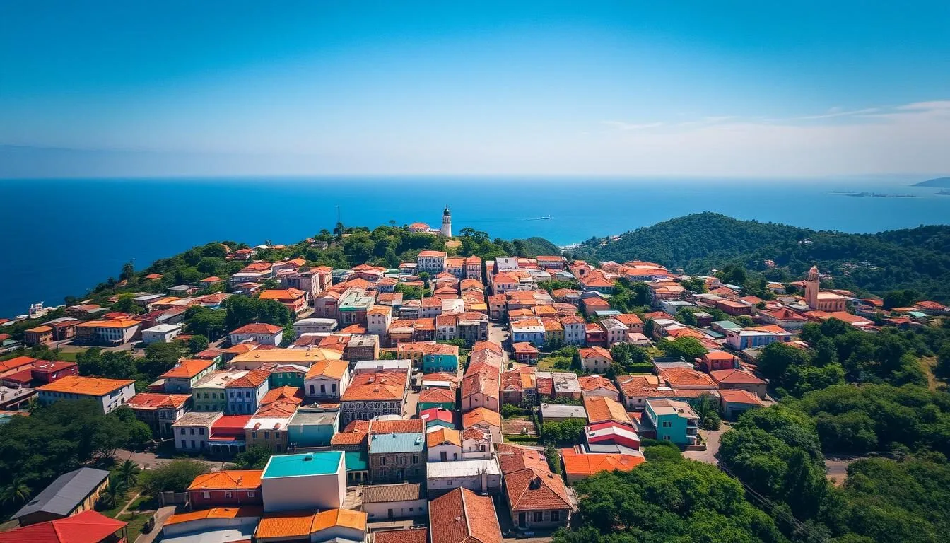 Aerial-view-of-Olinda-Brazil-showing-the-colorful-historic-center-with-the-Atlantic-Ocean-in Aerial view of Olinda Brazil showing the colorful historic center with the Atlantic Ocean in the background