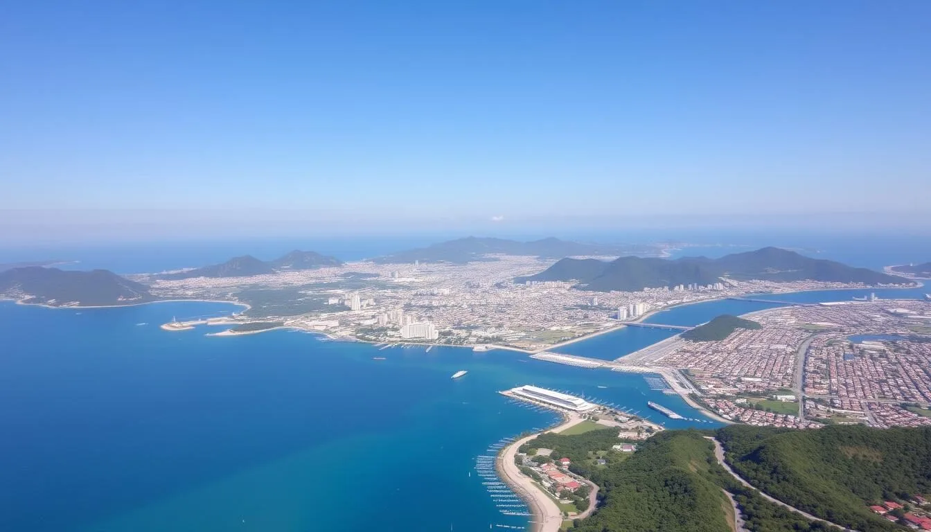 Aerial view of Padang city with the Indian Ocean coastline and surrounding mountains, showcasing the best things to do in Padang, Indonesia