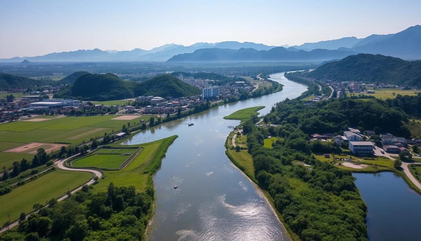 Aerial view of Pakse city with the Mekong River flowing through Champasak province, Laos