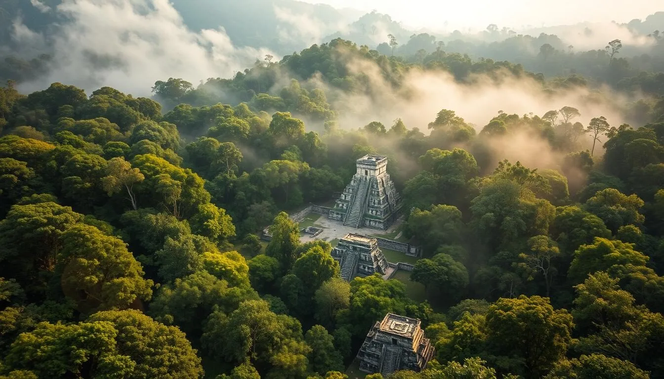 Aerial view of Palenque National Park showing ancient Mayan ruins emerging from the jungle canopy in Chiapas, Mexico