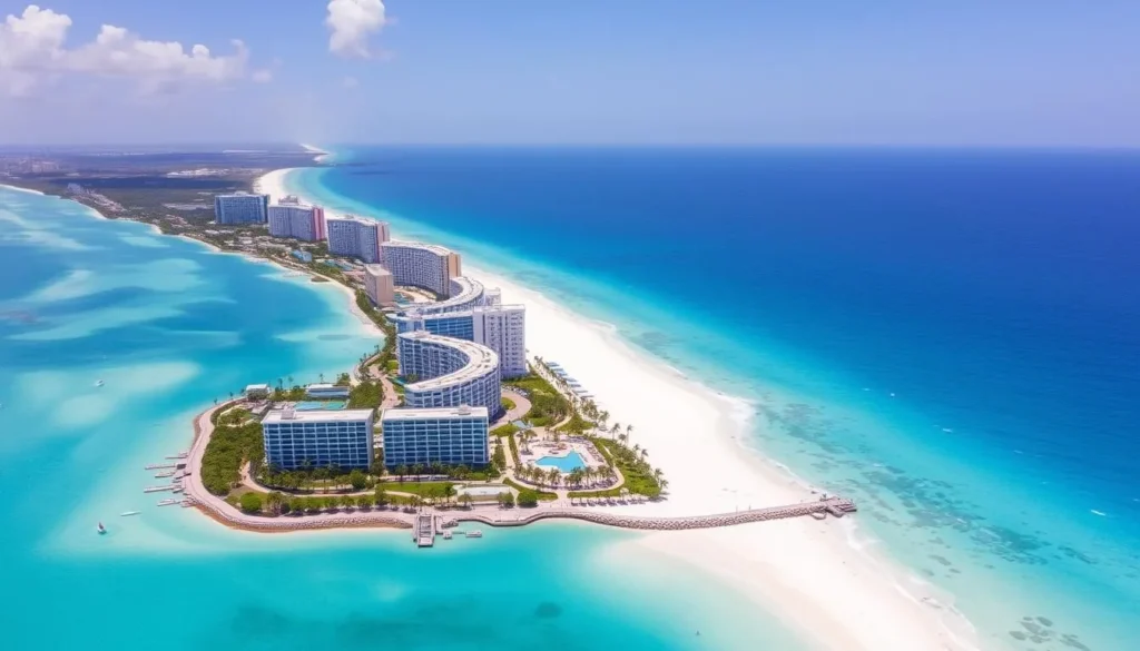 Aerial view of Palm Beach Aruba hotels near De Palm Island