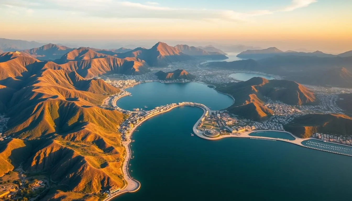 Aerial view of Palu city showing the horseshoe-shaped bay surrounded by mountains