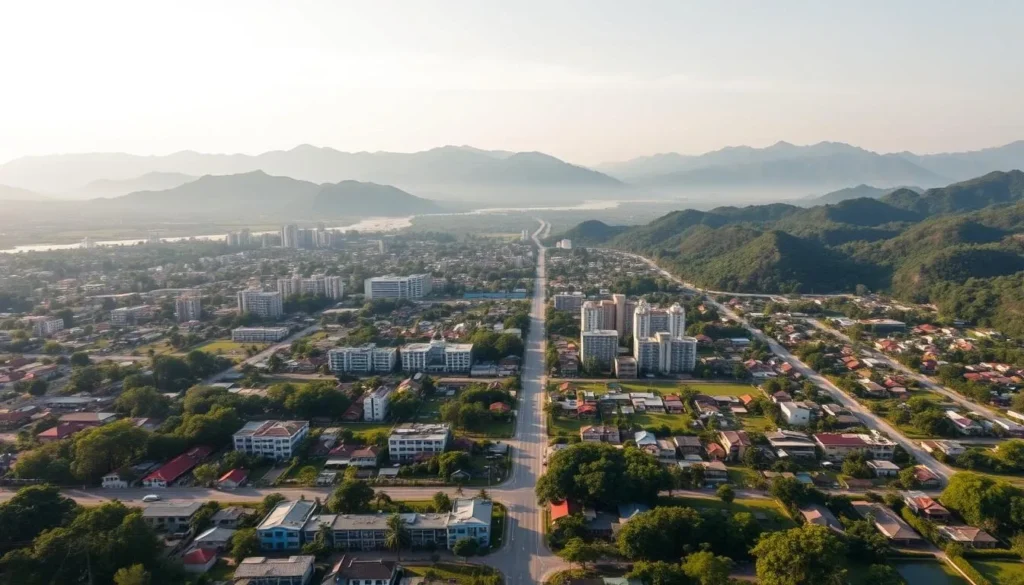 Aerial view of Panyabungan city, the gateway to Batang Gadis National Park, showing the surrounding mountains and forest