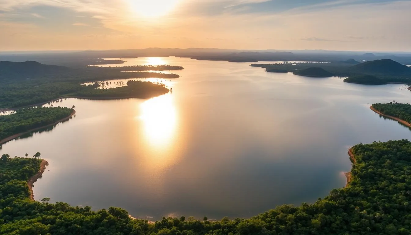 Aerial view of Parakrama Samudra reservoir with its vast expanse of water surrounded by lush greenery