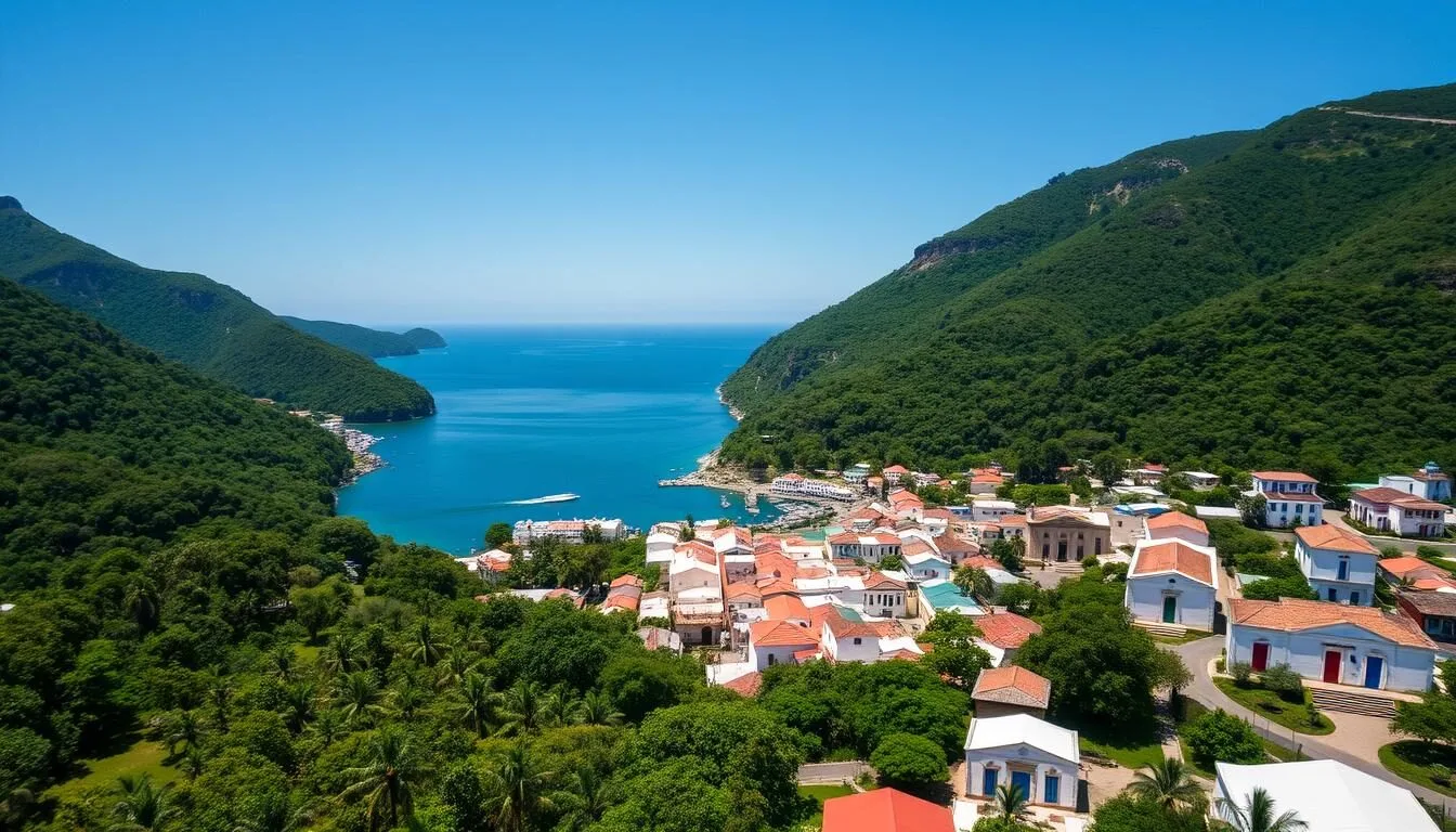 Aerial-view-of-Paraty-Brazil-showing-the-colonial-town-nestled-between-mountains-and-ocean Aerial view of Paraty Brazil showing the colonial town nestled between mountains and ocean