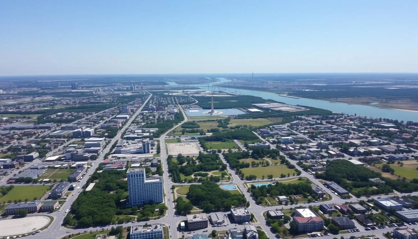 Aerial-view-of-Pasadena-Texas-with-the-San-Jacinto-Monument-visible-in-the-distance Aerial view of Pasadena Texas with the San Jacinto Monument visible in the distance