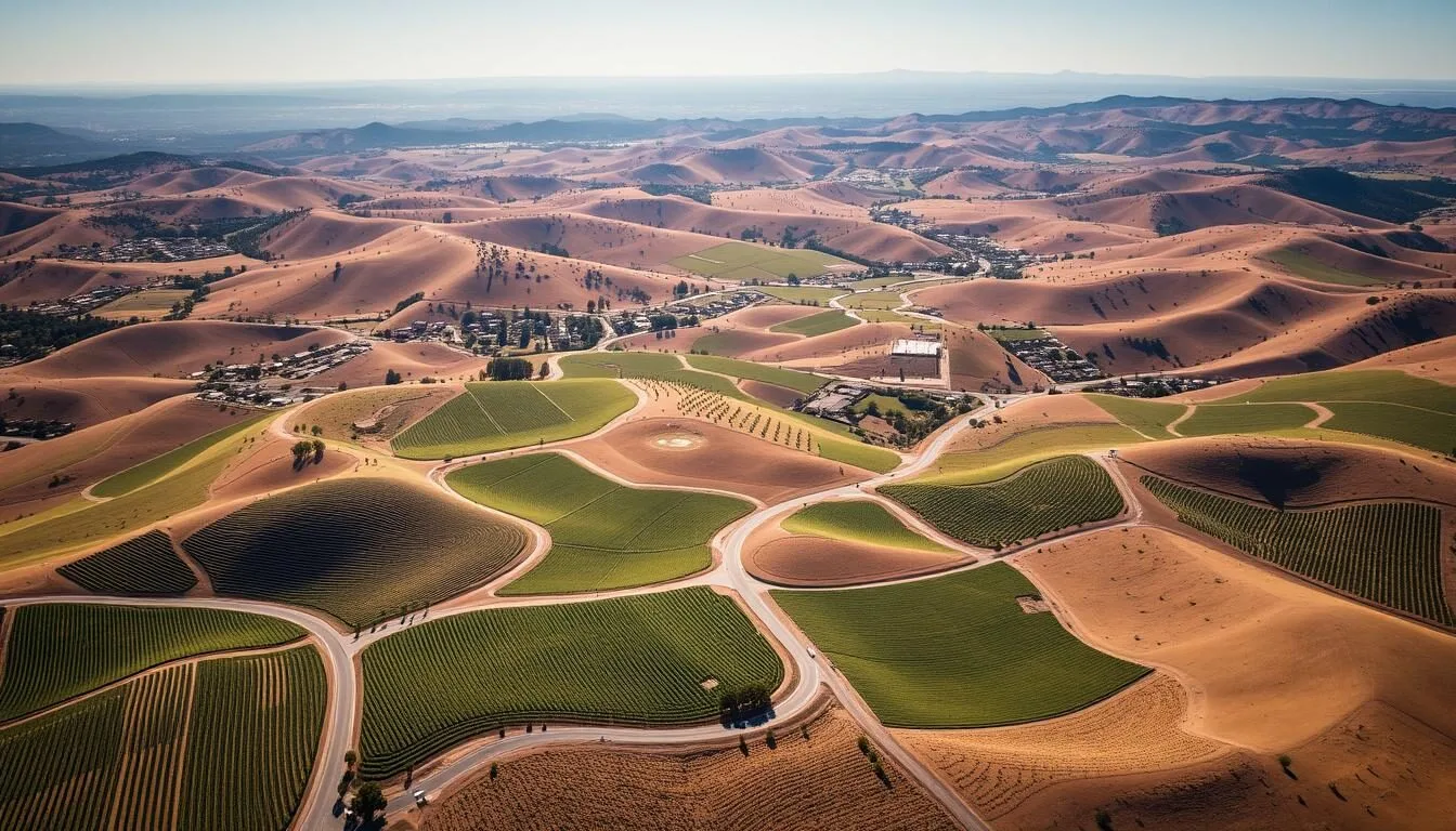 Aerial view of Paso Robles vineyards with rolling hills and winding roads on a clear sunny day