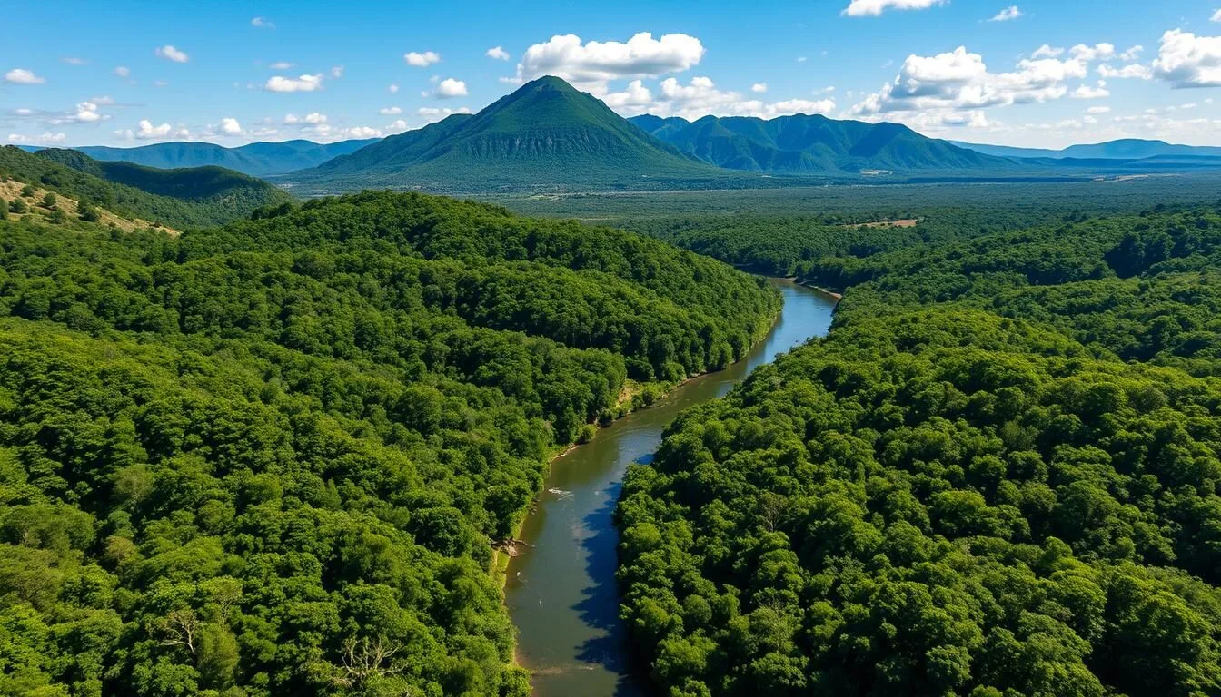 Aerial-view-of-Patuca-National-Park-showing-the-winding-Patuca-River-cutting-through-dense Aerial view of Patuca National Park showing the winding Patuca River cutting through dense rainforest