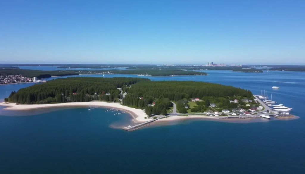 Aerial view of Peaks Island in Casco Bay, Maine showing beaches, forests, and homes