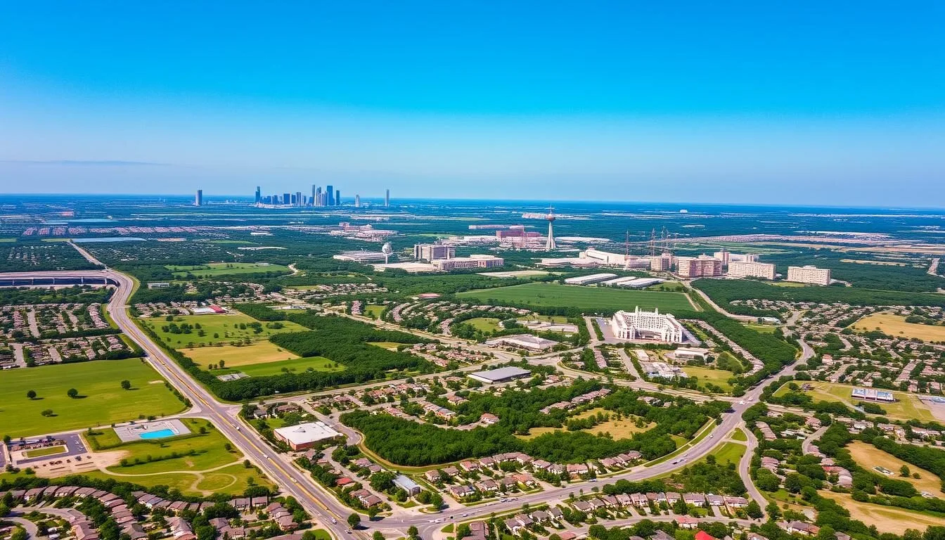 Aerial view of Pearland, Texas showing its proximity to Houston