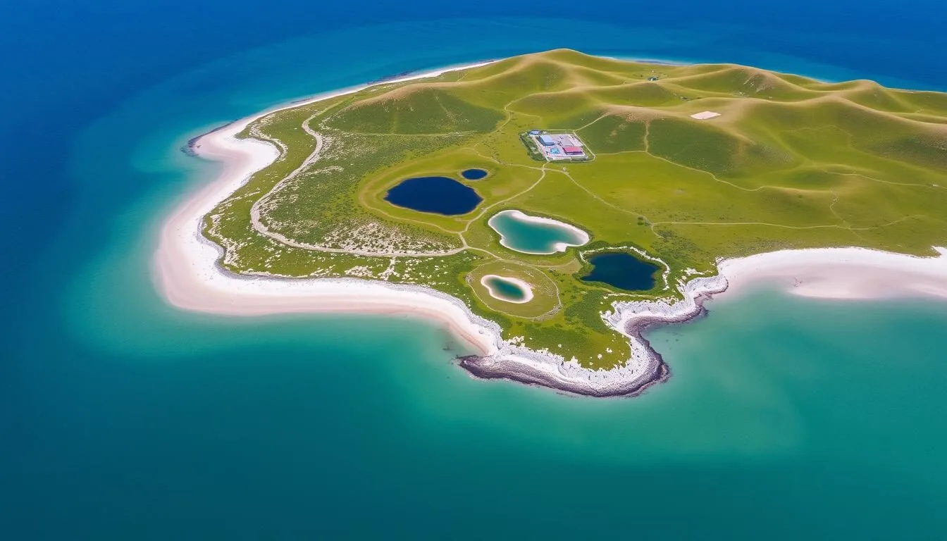Aerial view of Pebble Island, Falkland Islands showing its diverse landscape of beaches, ponds and rolling hills