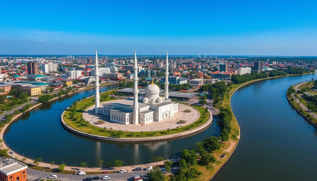 Aerial-view-of-Pekanbaru-city-with-the-Great-Mosque-of-An-Nur-and-Siak-River Aerial view of Pekanbaru city with the Great Mosque of An-Nur and Siak River