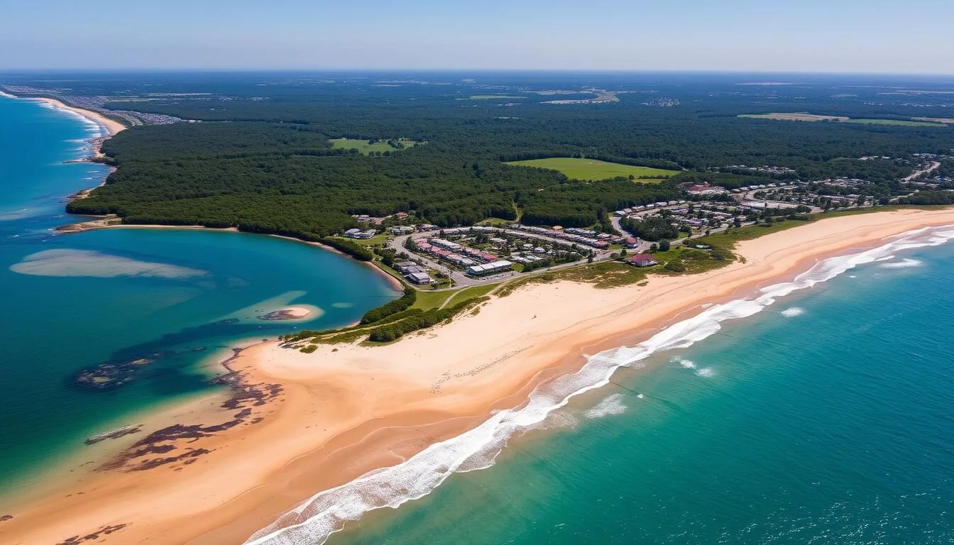 Aerial view of Peregian Beach Queensland coastline showing the golden sands and blue waters