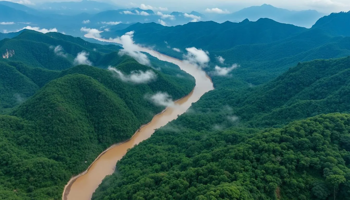 Aerial view of Phou Xieng Thong National Protected Area showing the Mekong River border and forested mountains