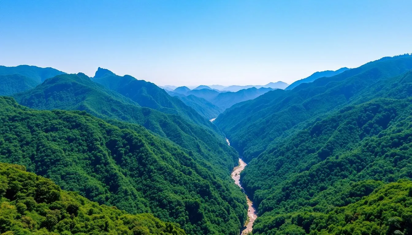 Aerial view of Pico Bonito National Park showing lush green mountains and the Cangrejal River winding through the landscape