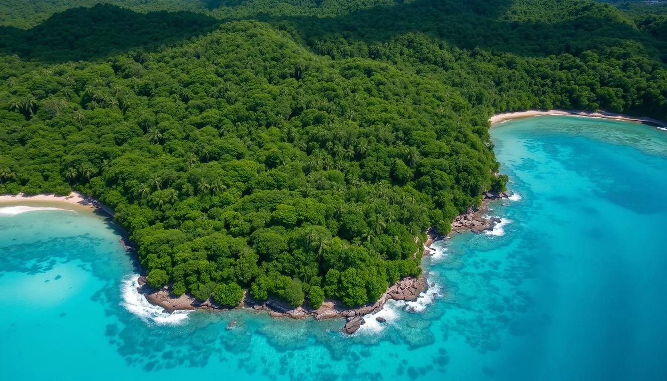 Aerial view of Port Royal National Park showing lush forests meeting the turquoise Caribbean waters along Roatán's eastern coastline