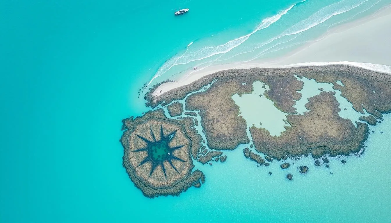 Aerial view of Porto de Galinhas coastline showing the turquoise waters and white sand beaches of this Brazilian paradise