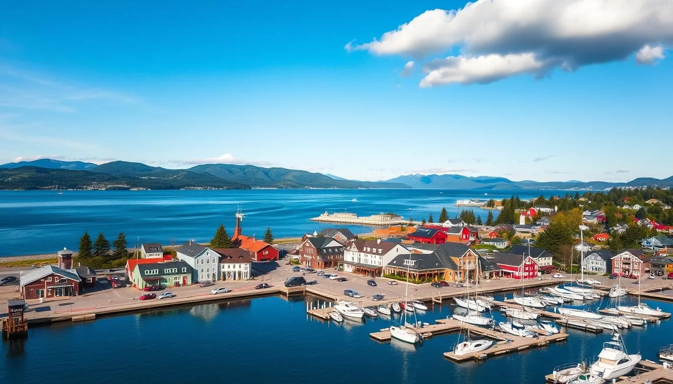 Aerial view of Poulsbo Washington waterfront with colorful buildings and boats in Liberty Bay