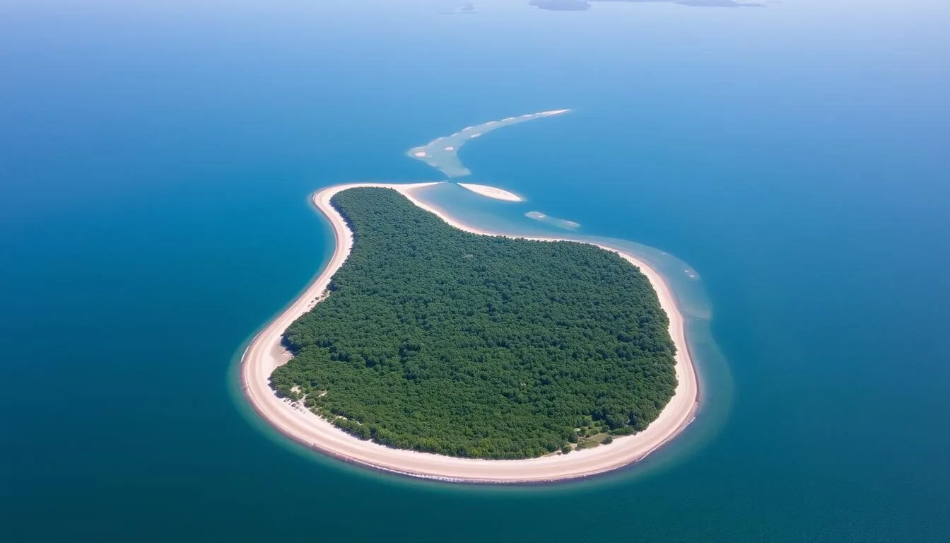 Aerial view of Presque Isle State Park peninsula jutting into Lake Erie with beaches visible along the shoreline