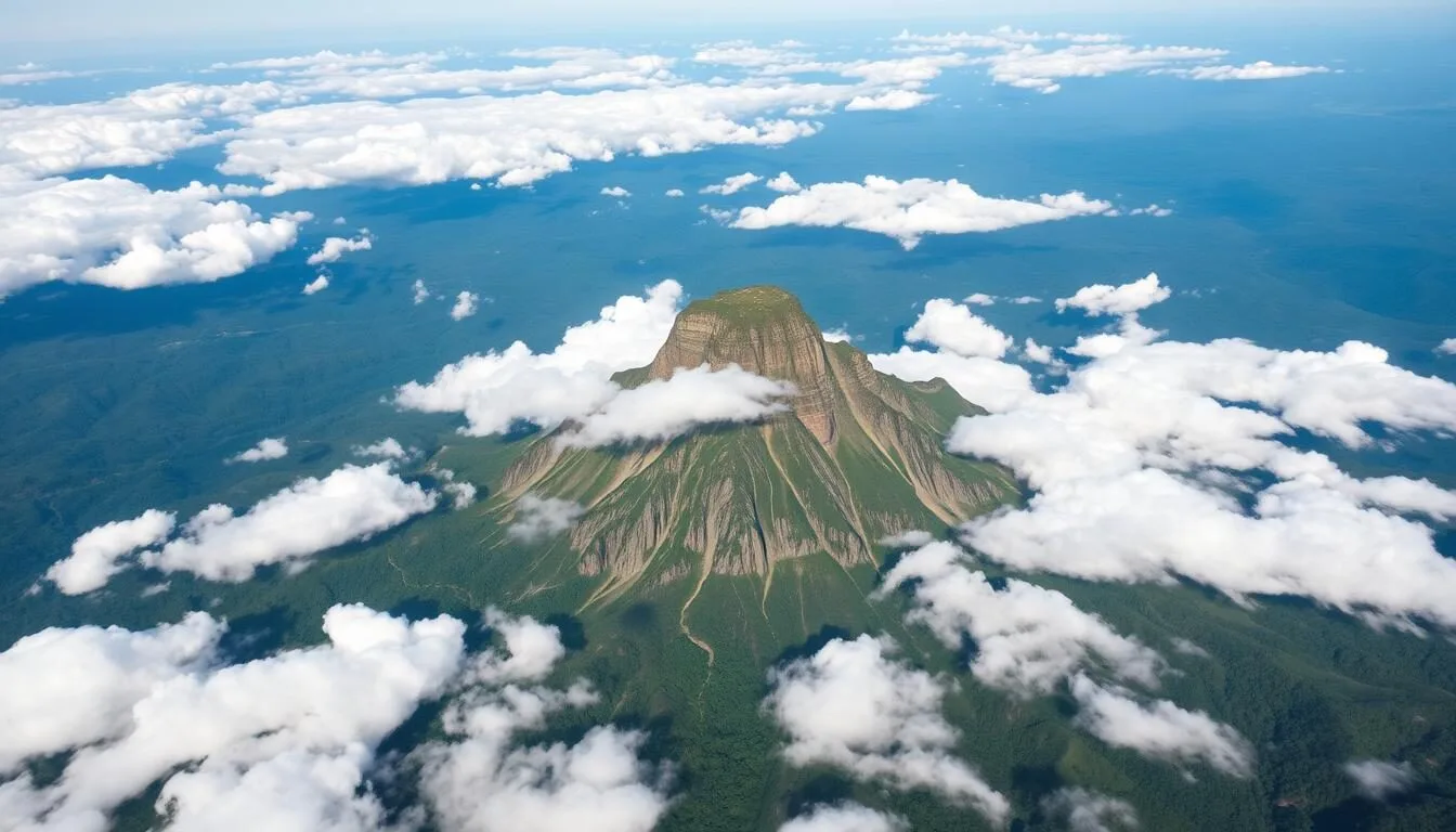 Aerial-view-of-Puncak-Jaya-Mountain-rising-above-the-clouds-in-West-Papua-Indonesia Aerial view of Puncak Jaya Mountain rising above the clouds in West Papua, Indonesia
