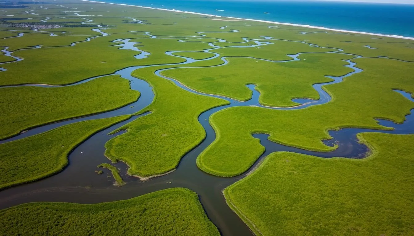 Aerial view of Rachel Carson National Wildlife Refuge salt marshes with winding tidal creeks and green wetlands stretching toward the Atlantic Ocean