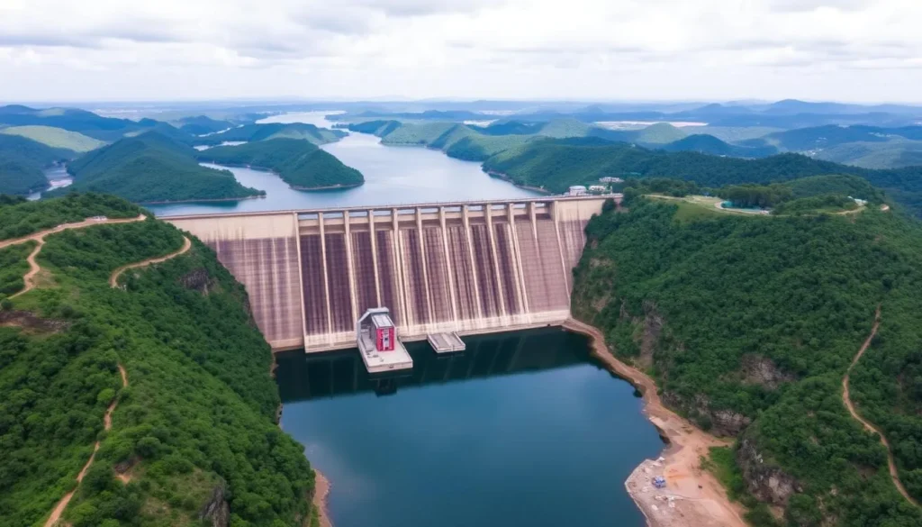 Aerial view of Randenigala Dam and power station in Sri Lanka