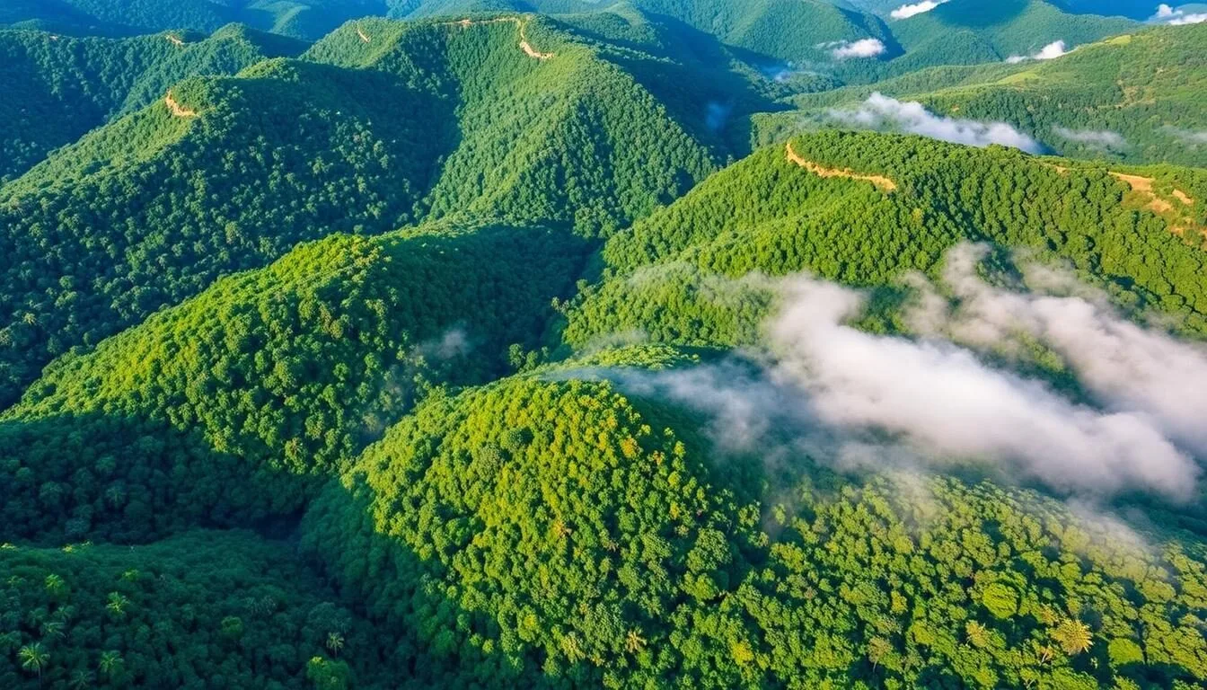 Aerial view of Ranomafana National Park's lush rainforest canopy in Madagascar